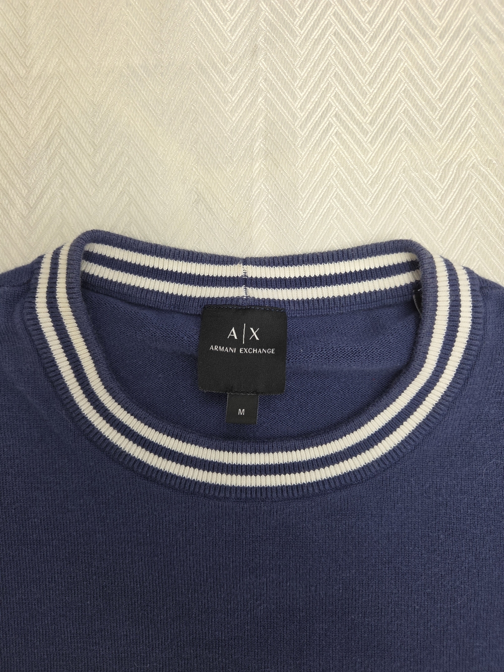 Armani Exchange Navy Blue Crewneck Sweater with White Stripe Collar
